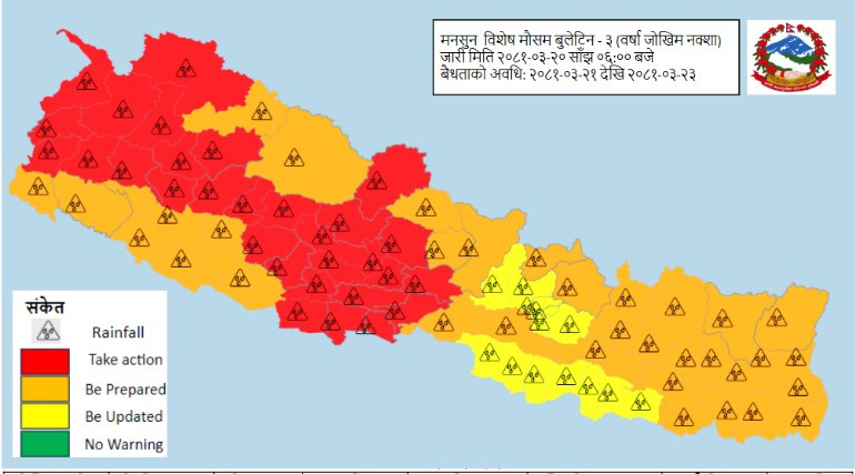 आजको मौसम : आगामी तीन दिन हल्कादेखि भारी वर्षाको सम्भावना